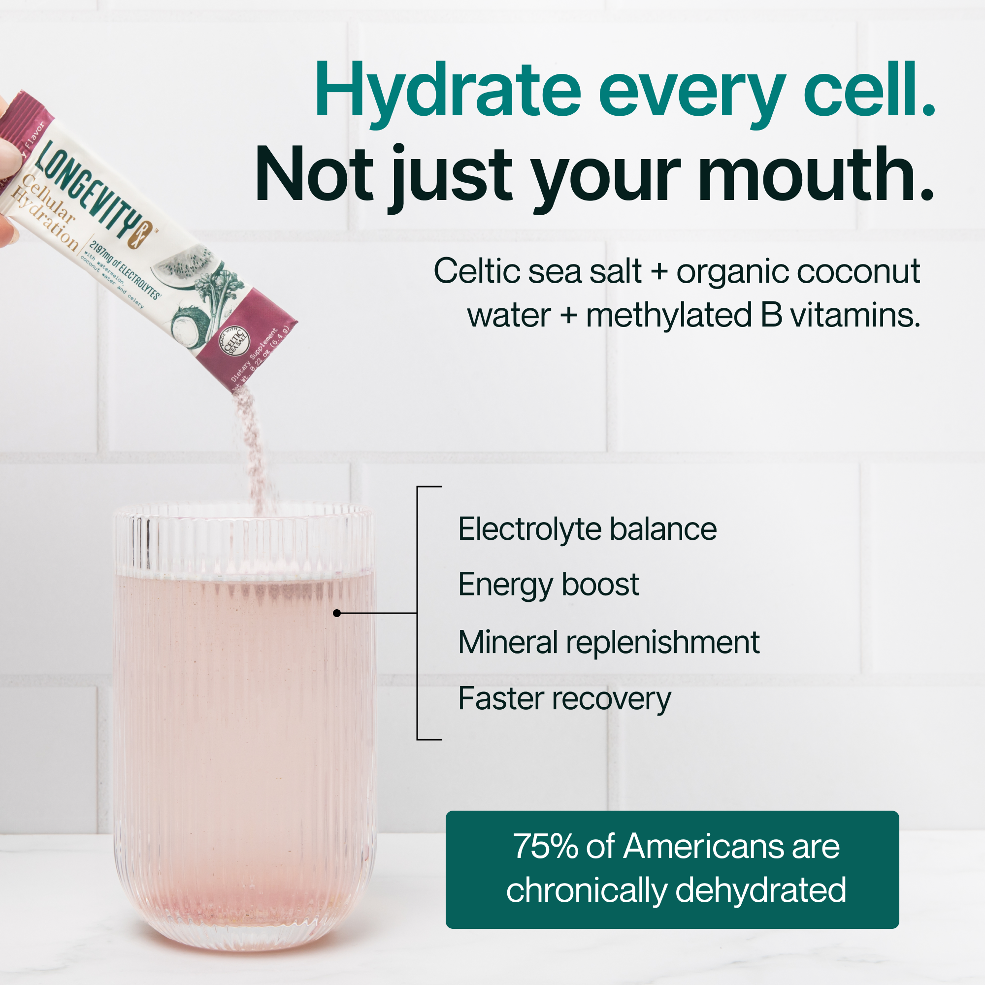 Product packaging with text about hydration and health benefits on a white background