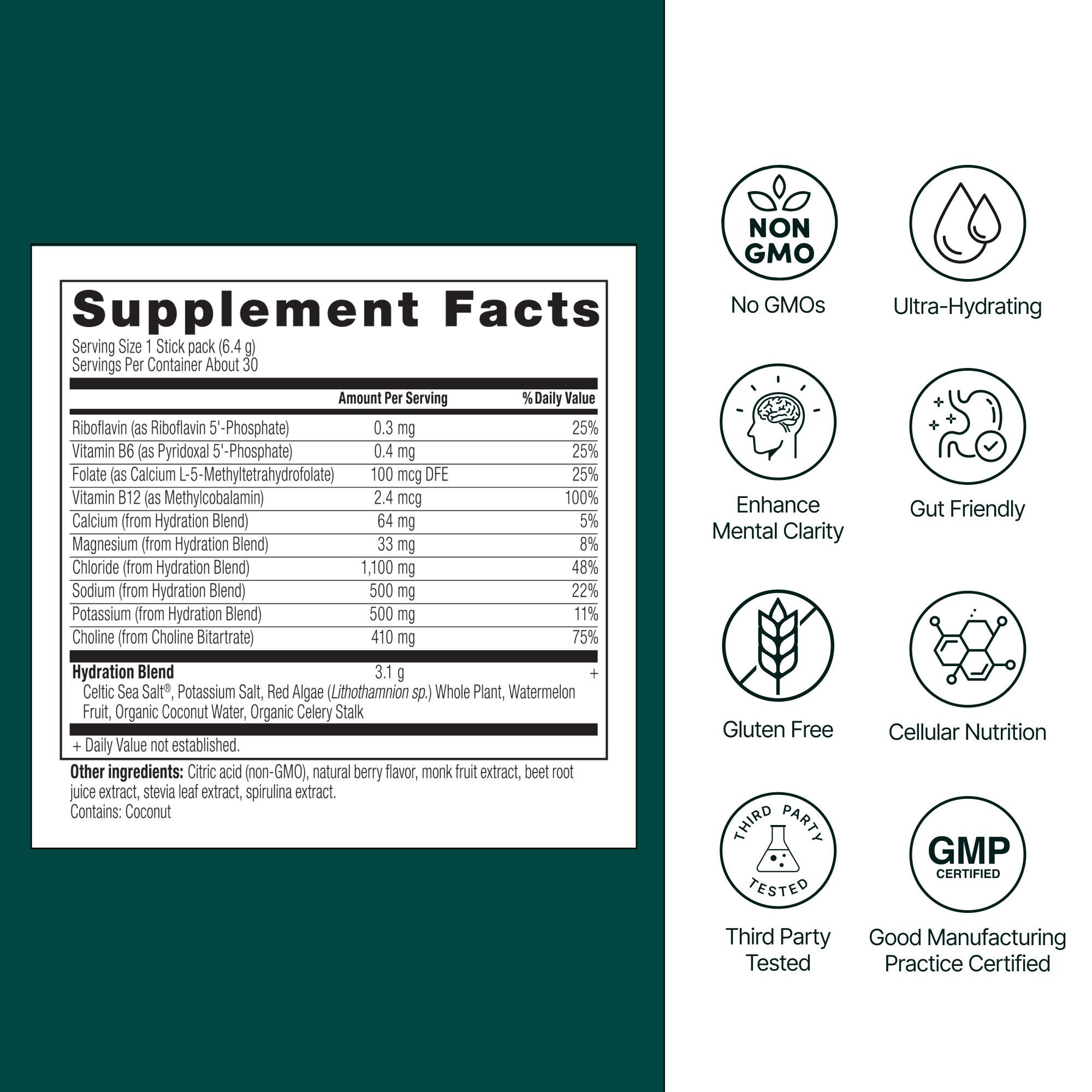 Supplement facts label with icons and text on a green and white background