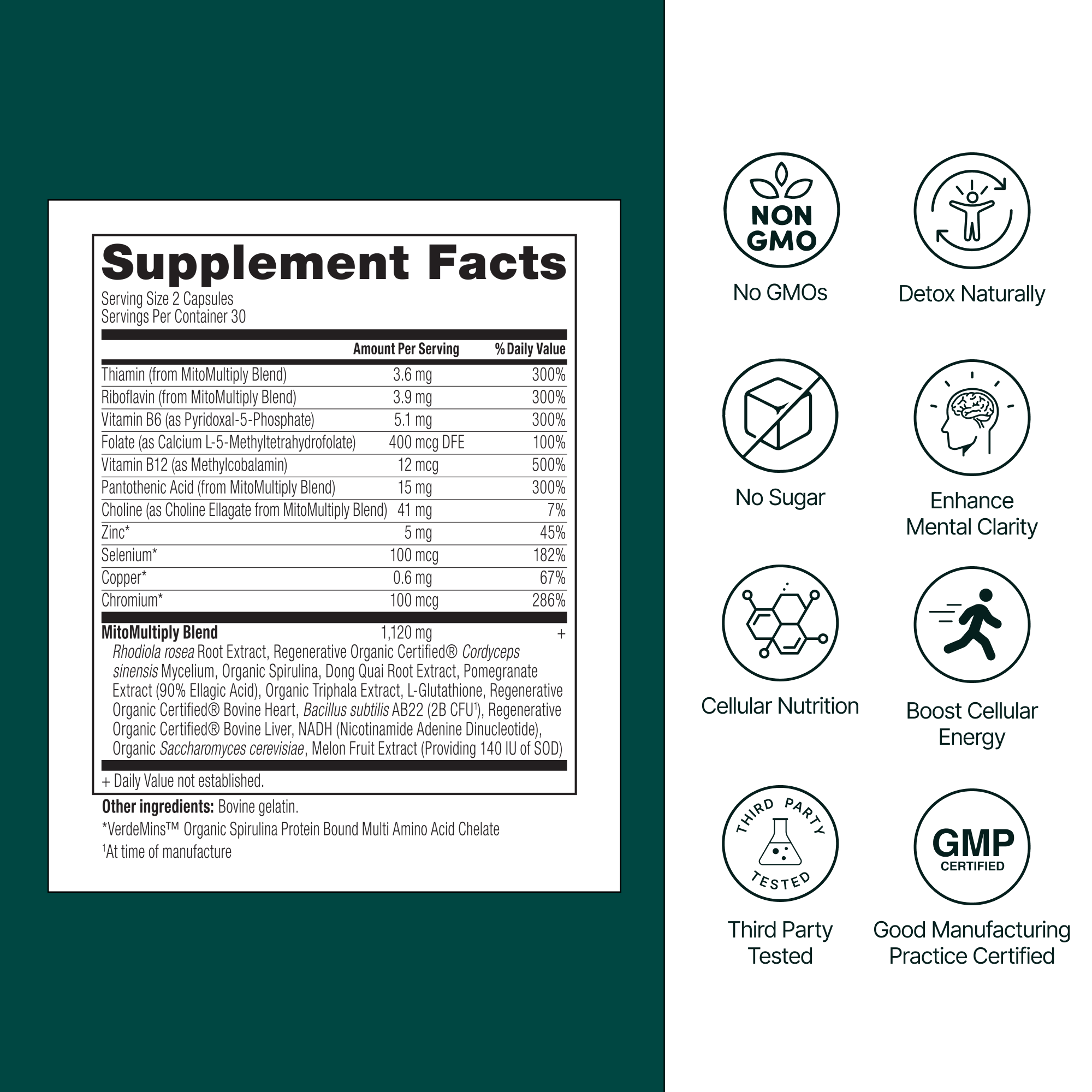 Supplement label with facts and certification icons on a green and white background