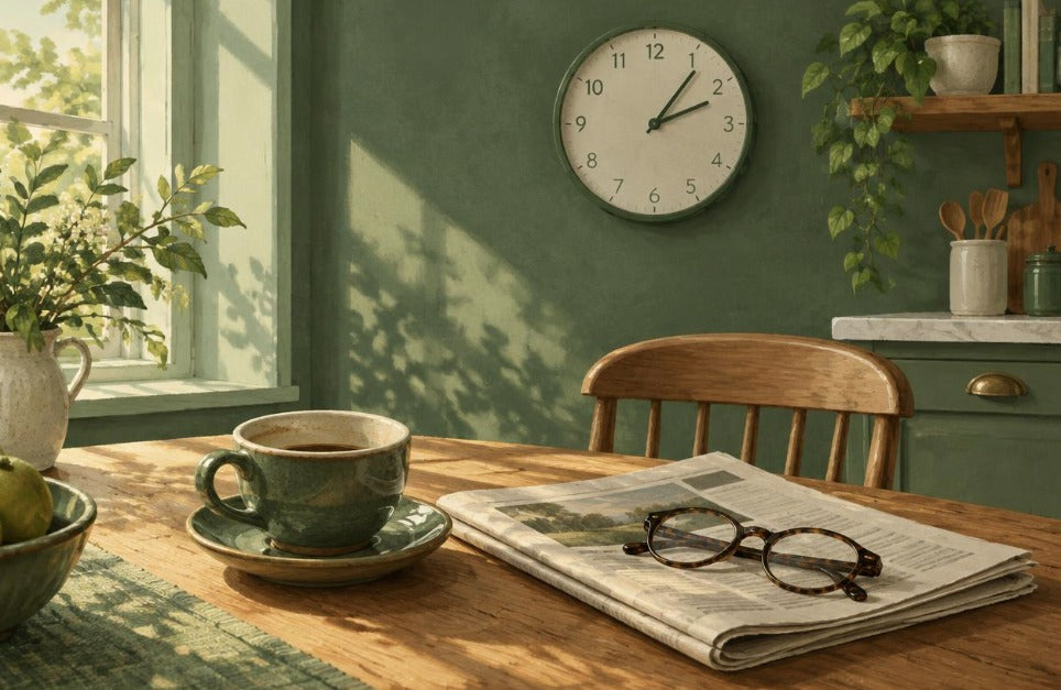 Illustration of a kitchen wall clock at 2:05 with a half-finished coffee and reading glasses on a newspaper