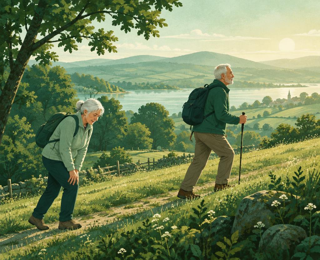 Illustration of an older couple on a morning walk, one lagging behind on a hill