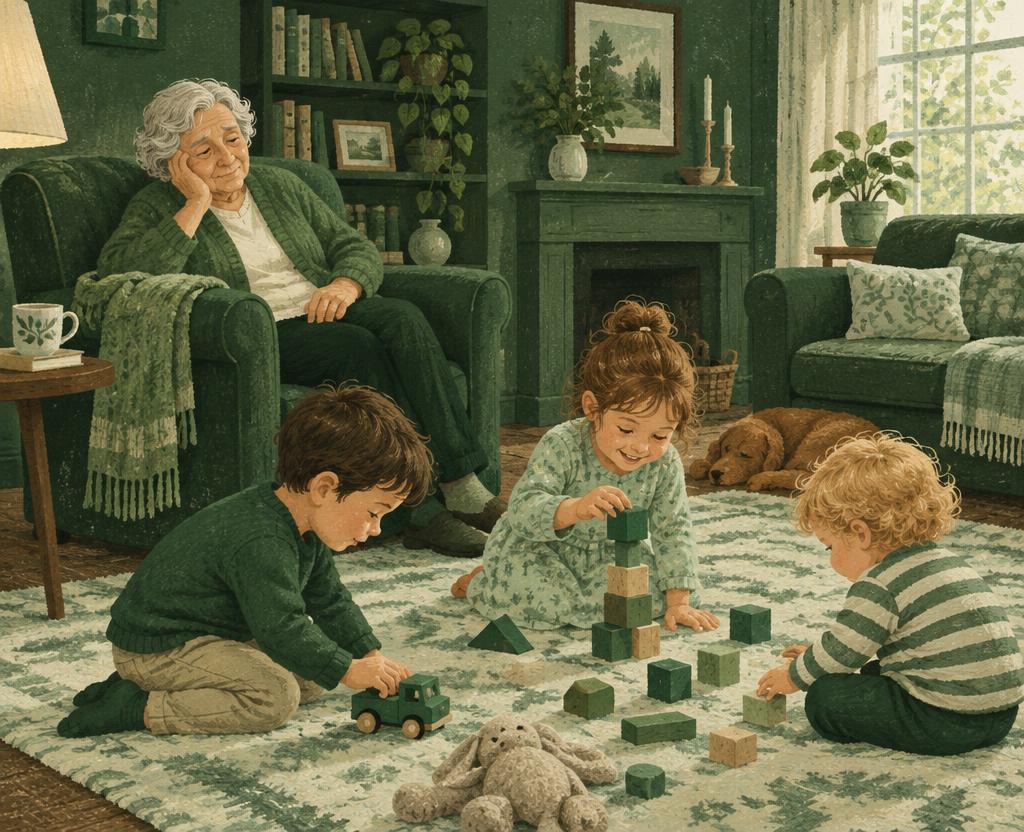 Illustration of a tired grandparent in an armchair watching grandchildren play
