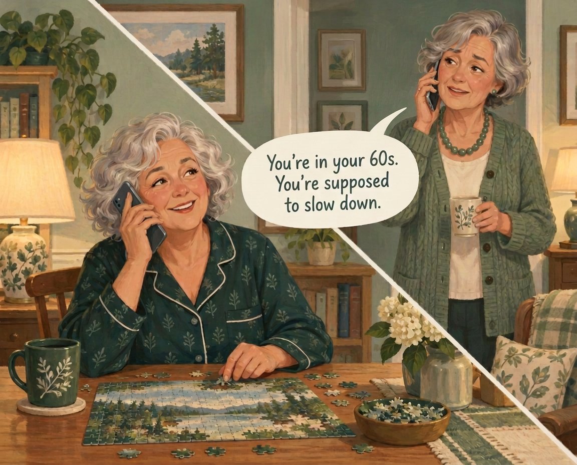 Illustration split by a diagonal line: on one side a silver-haired woman sits at a table with a jigsaw puzzle while talking on the phone; on the other side her sister holds a mug, with a speech bubble reading You’re in your 60s. You’re supposed to slow down.