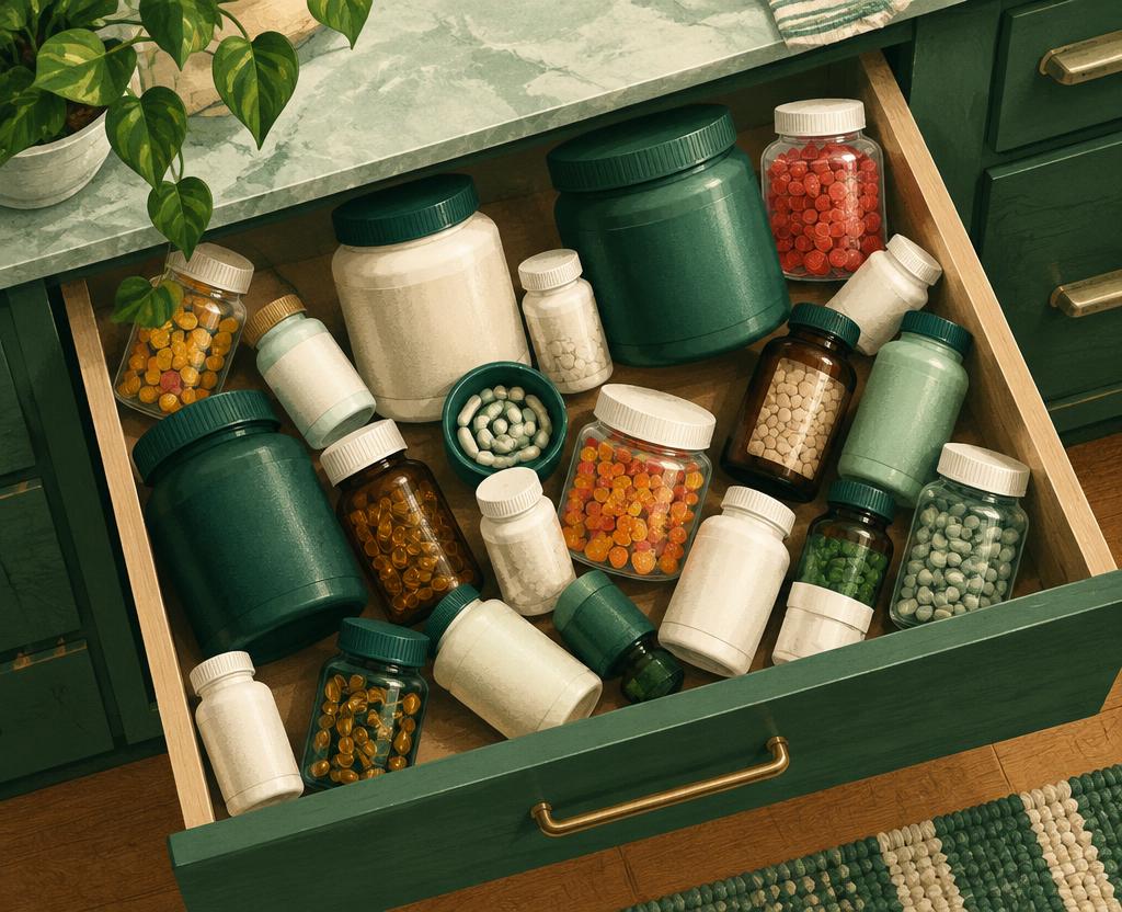 Illustration of a cluttered drawer full of supplement tubs and gummies