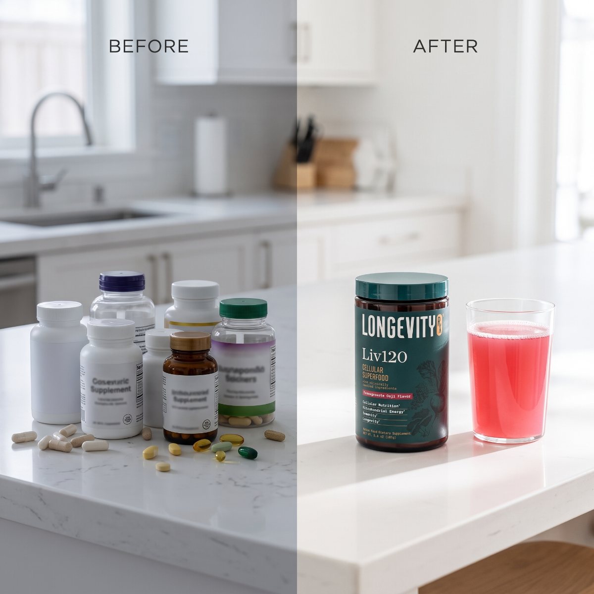Before and after: a counter crowded with six supplement bottles, then the same counter with one Liv120 jar and a glass