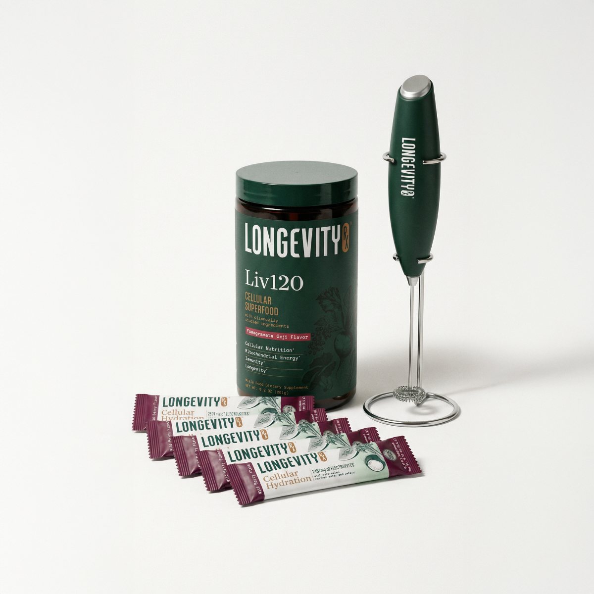The Longevity Rx Welcome Kit: Liv120 jar, electric frother and Cellular Hydration pack