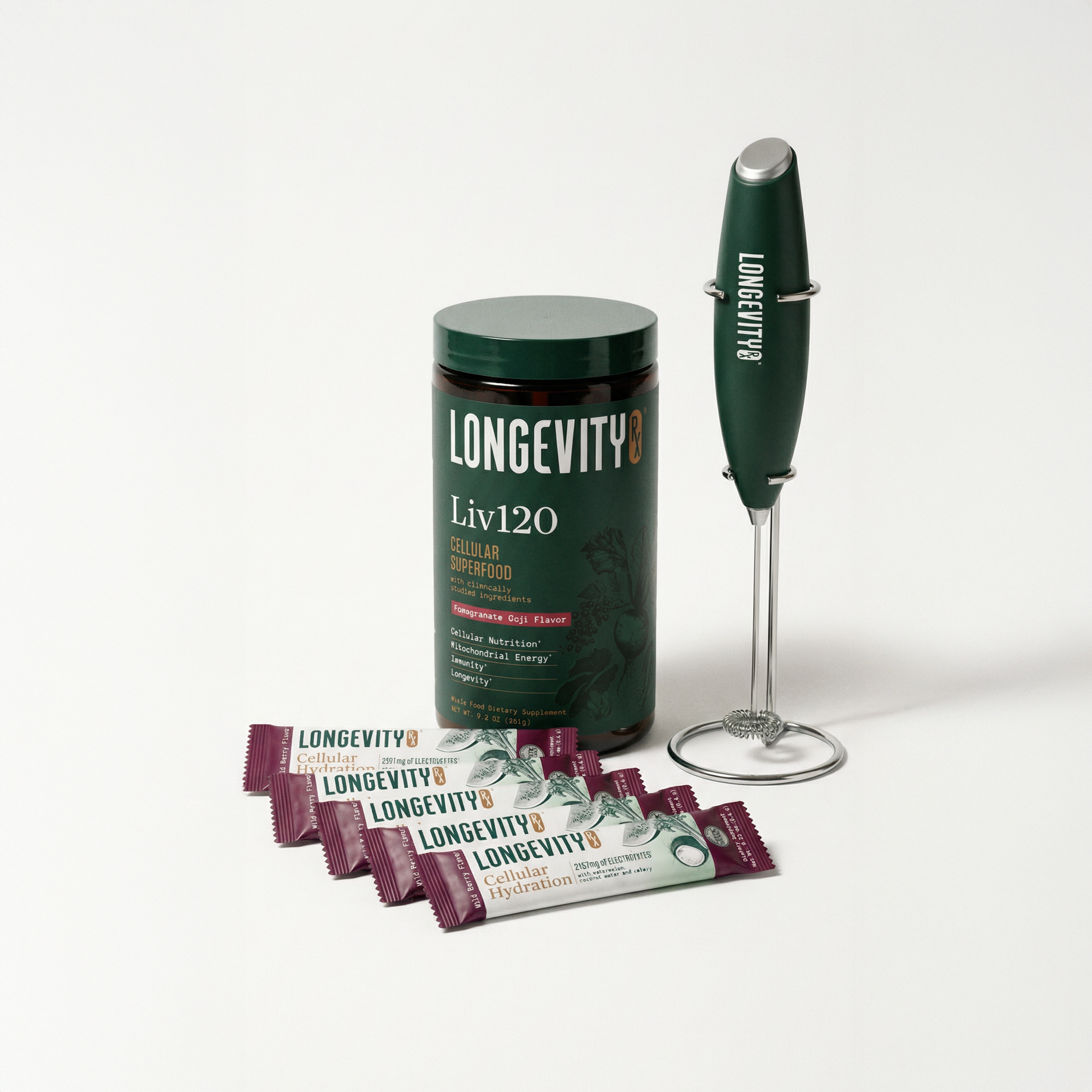 LONGEVITY8 Liv120 supplement container with packets and a milk frother on a white background