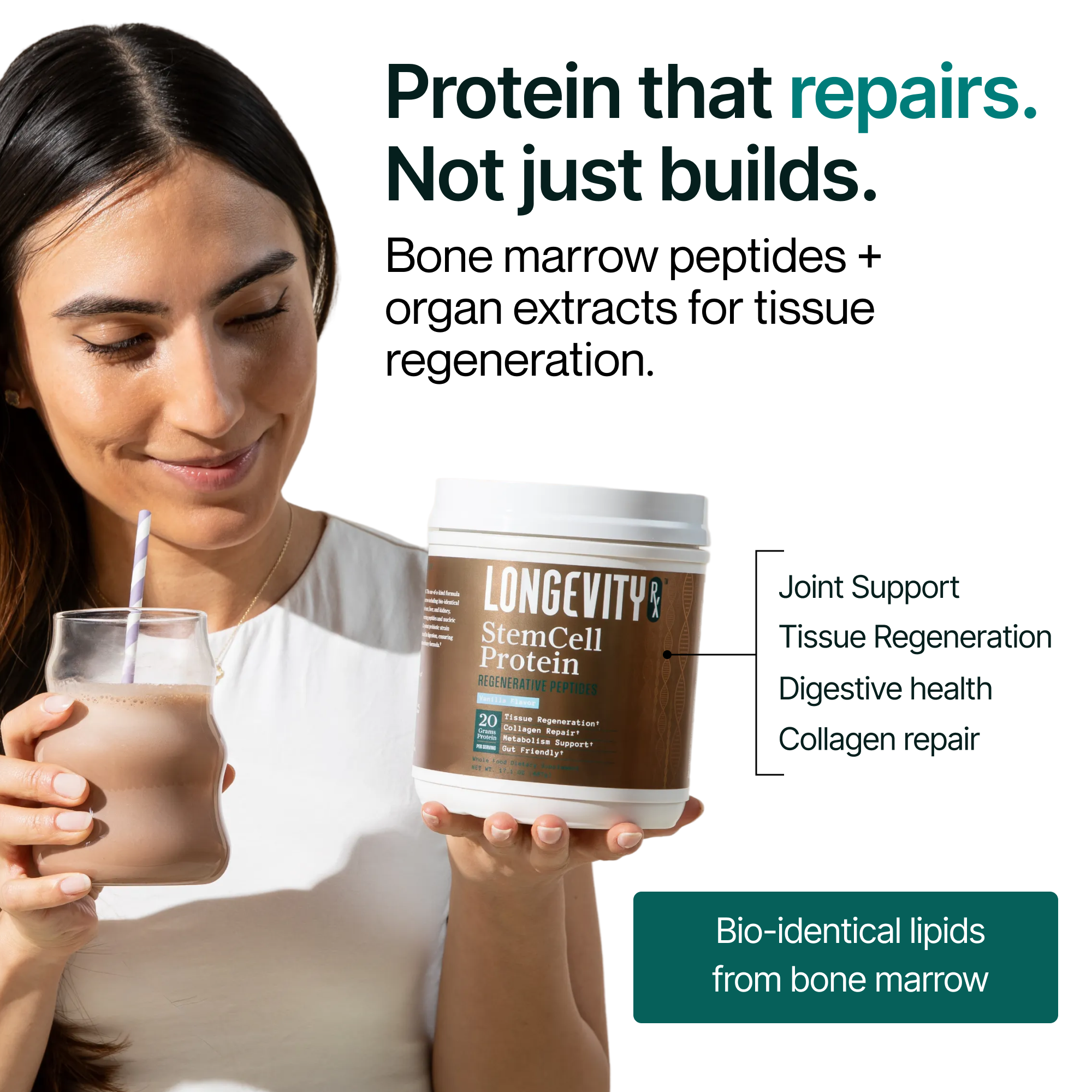 Woman holding a glass of protein shake and a container labeled 'Longevity' with text about tissue regeneration and joint support.