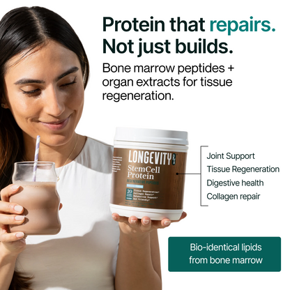 Woman holding a glass of protein shake and a container labeled 'Longevity' with text about tissue regeneration and joint support.