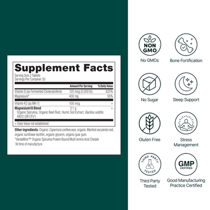 Supplement facts label with icons indicating product features on a green and white background