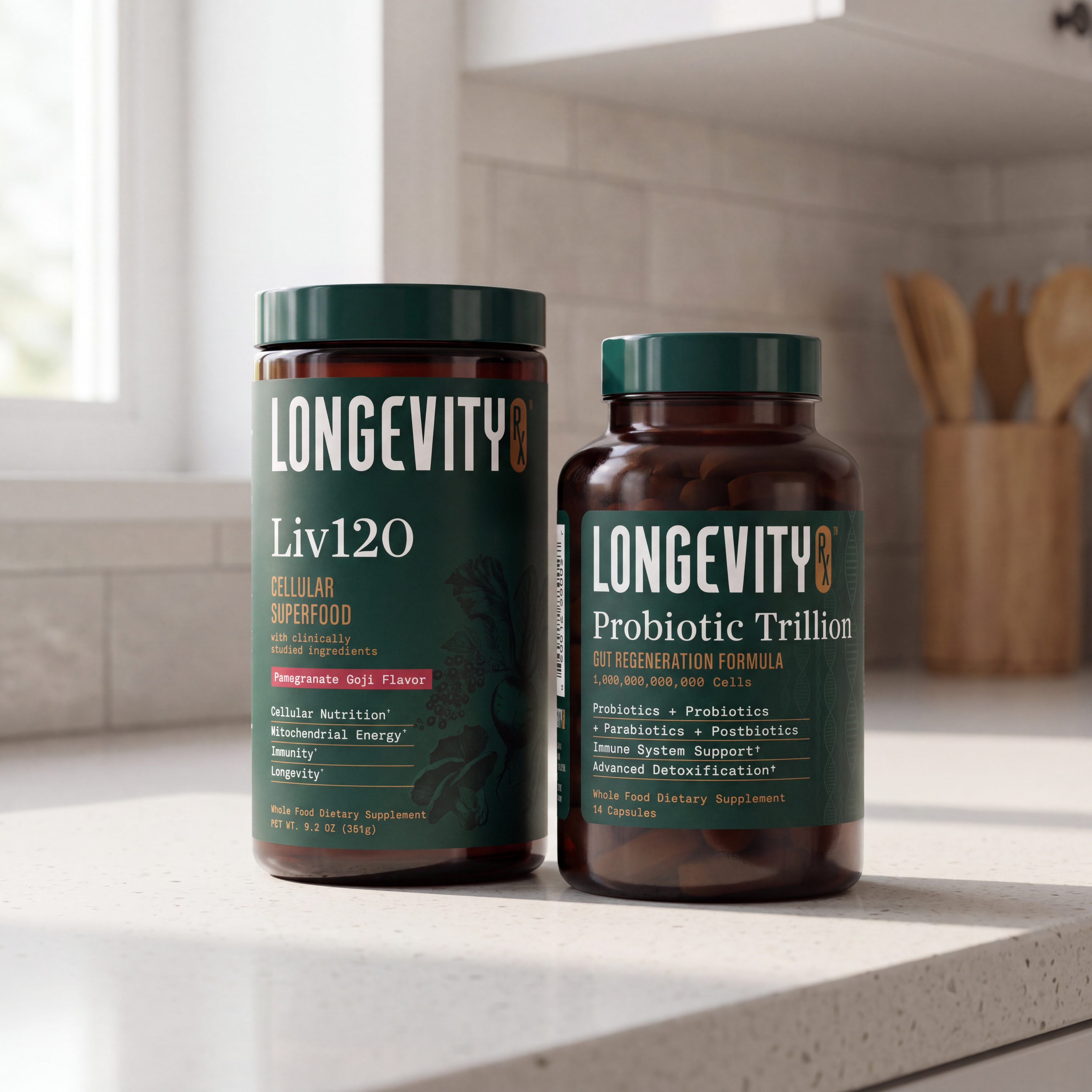 The 90-Day Gut Reset bundle: Probiotic Trillion and Liv120 on a kitchen counter