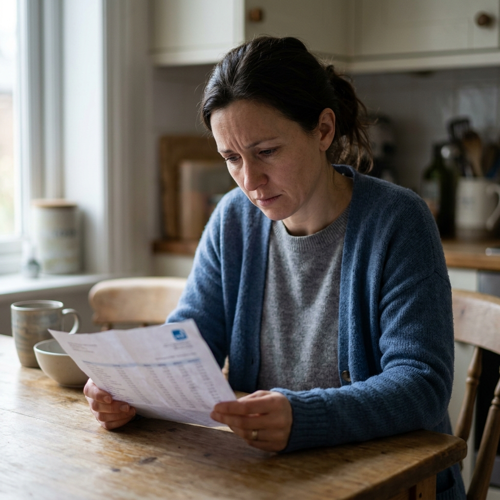 A tired person at a kitchen table reading printed lab results, looking defeated