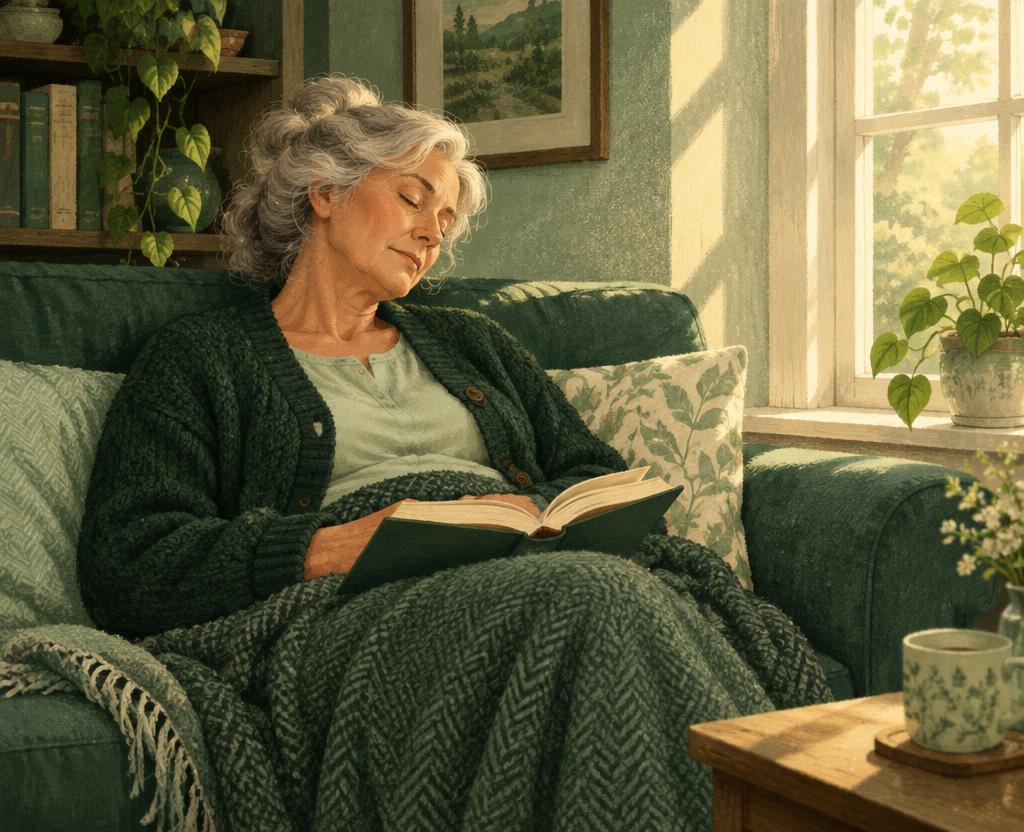 Illustration of an older woman asleep sitting up on a couch with a book on her lap