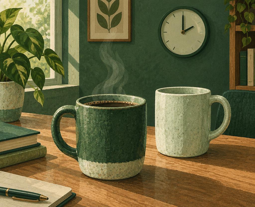 Illustration of two coffee mugs on a desk with a clock showing 2 o’clock