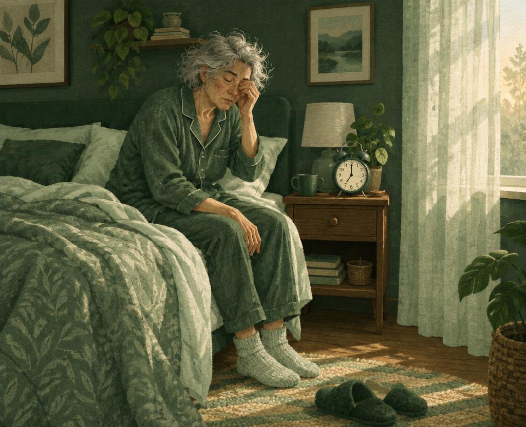 Illustration of a groggy person sitting on the edge of a bed at 7am