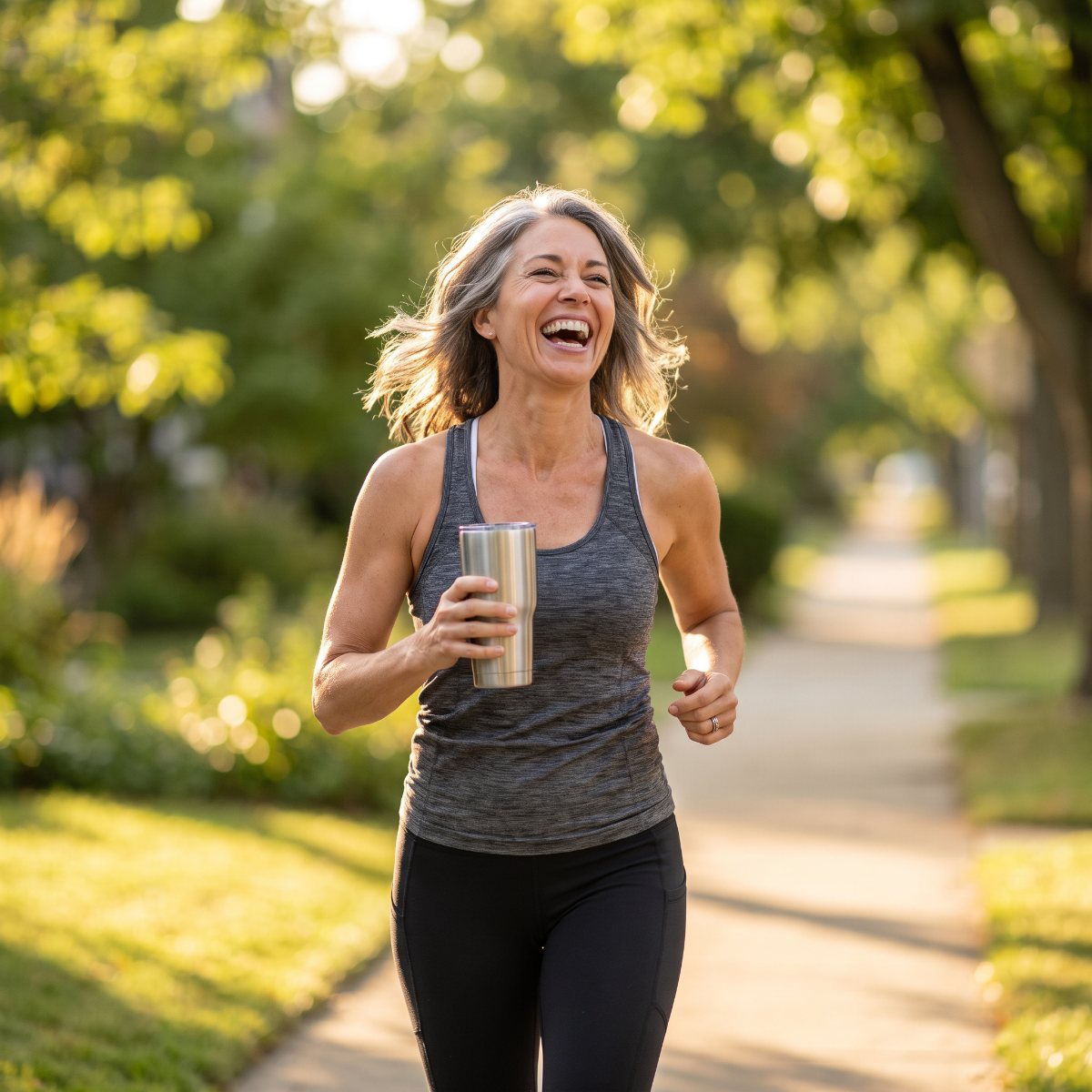 A smiling woman walking briskly outdoors in the afternoon sun, holding a tumbler