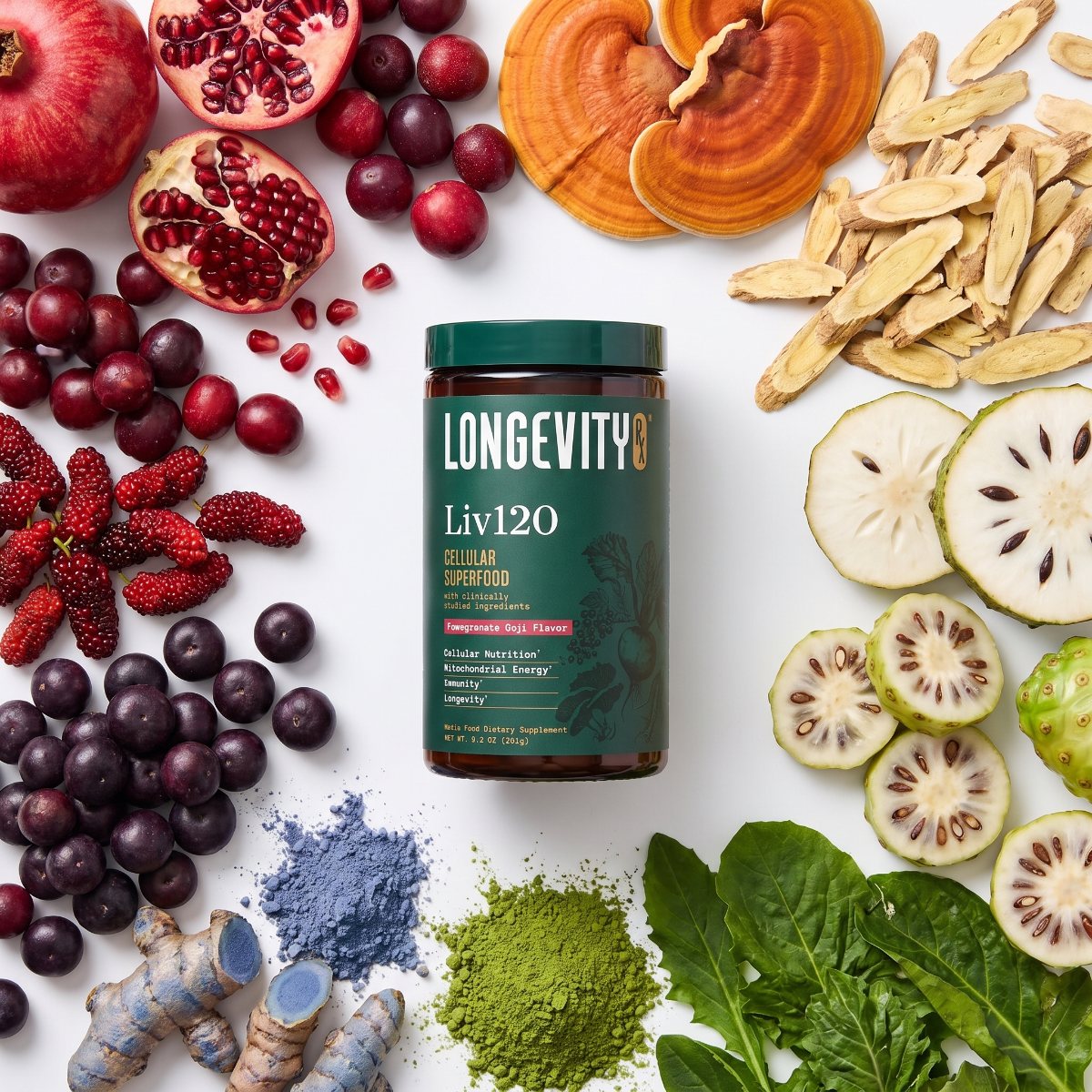 Flat-lay of whole superfoods arranged by color around a Liv120 jar: pomegranate, berries, turmeric, matcha, reishi and soursop