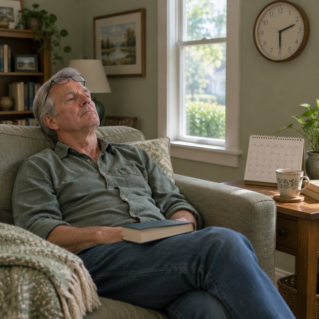 A man in his sixties dozing on a living room sofa on a weekday afternoon, reading glasses pushed up, an unopened book on his lap