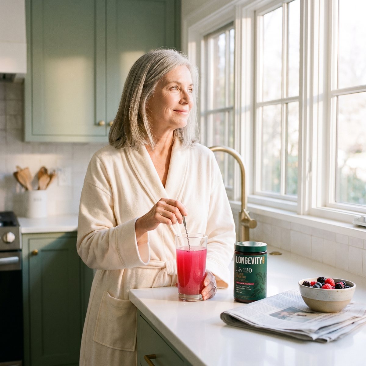 A woman in her sixties in a robe stirring a glass of pink Liv120 at a bright kitchen counter at sunrise, the Liv120 jar beside her