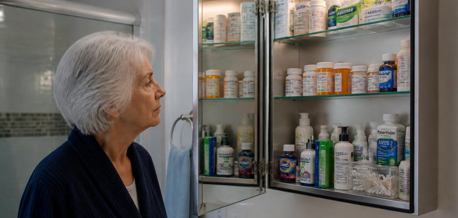Woman looking into her medicine cabinet full of prescription bottles