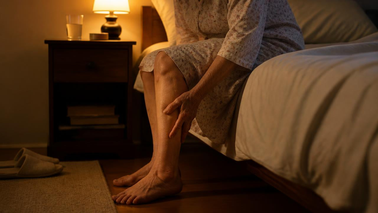 Woman sitting on the edge of her bed at night, reaching for a calf cramp, lamp lit