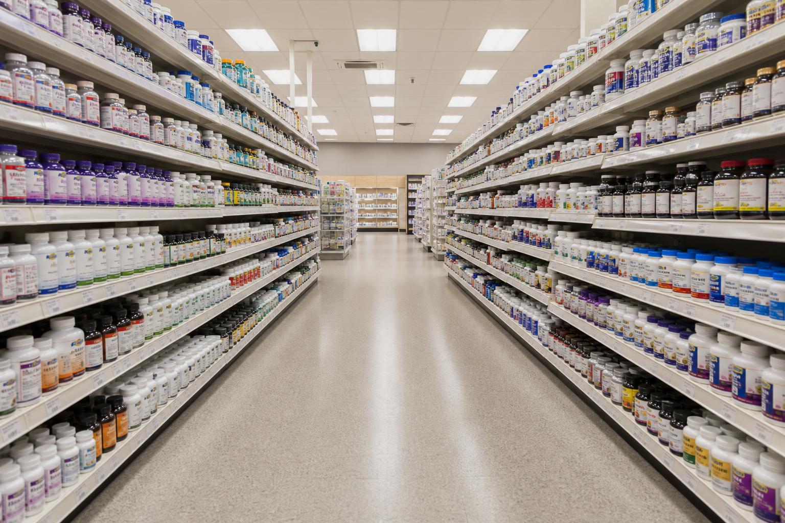 A pharmacy supplement aisle lined with rows of vitamin and mineral bottles