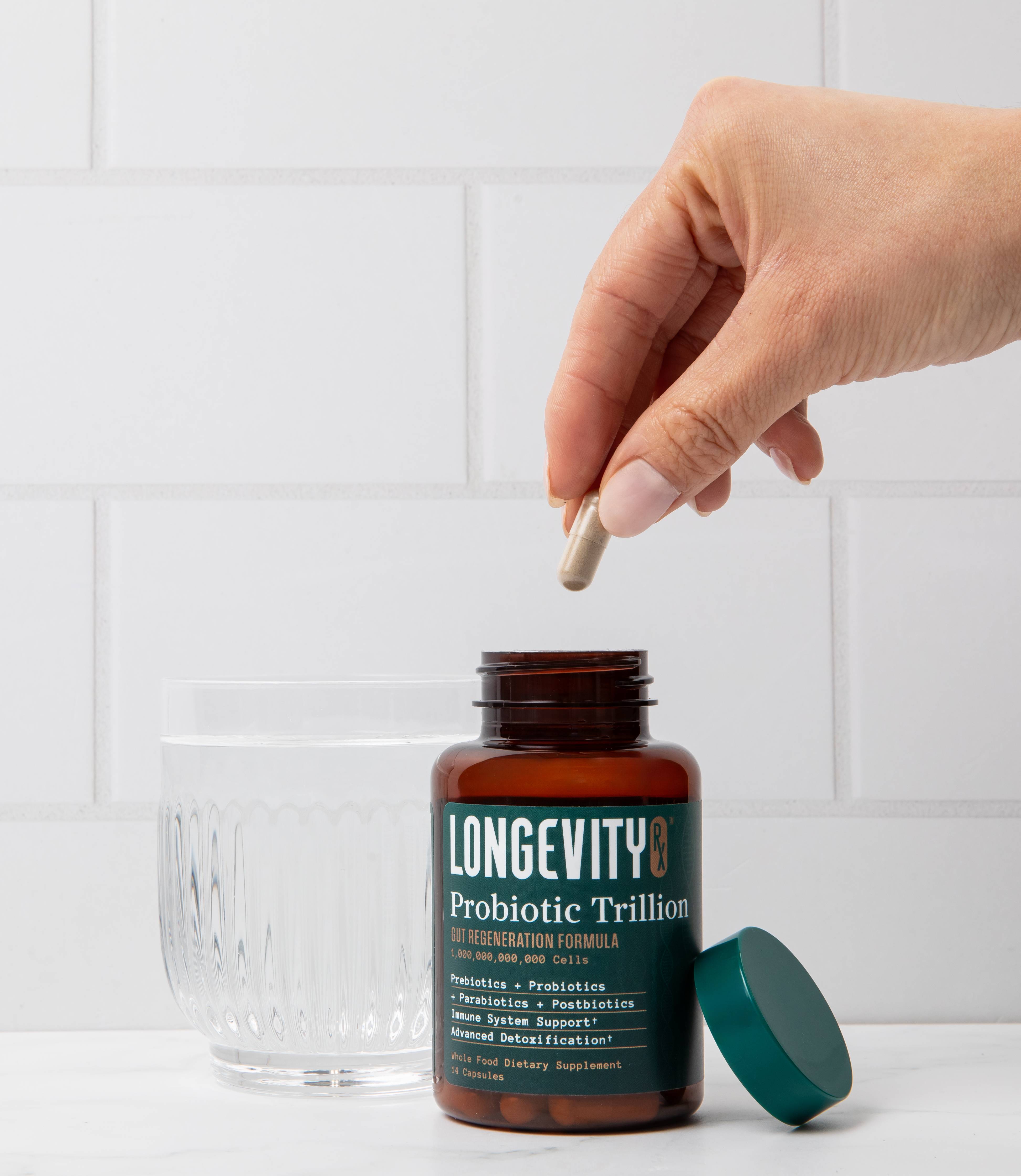 Probiotic Trillion capsule and bottle on a kitchen counter
