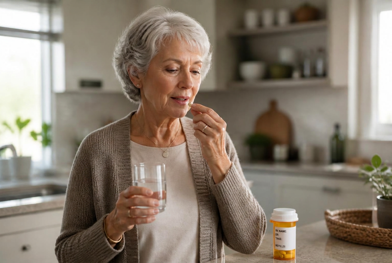 Woman taking a daily medication with a glass of water in her kitchen