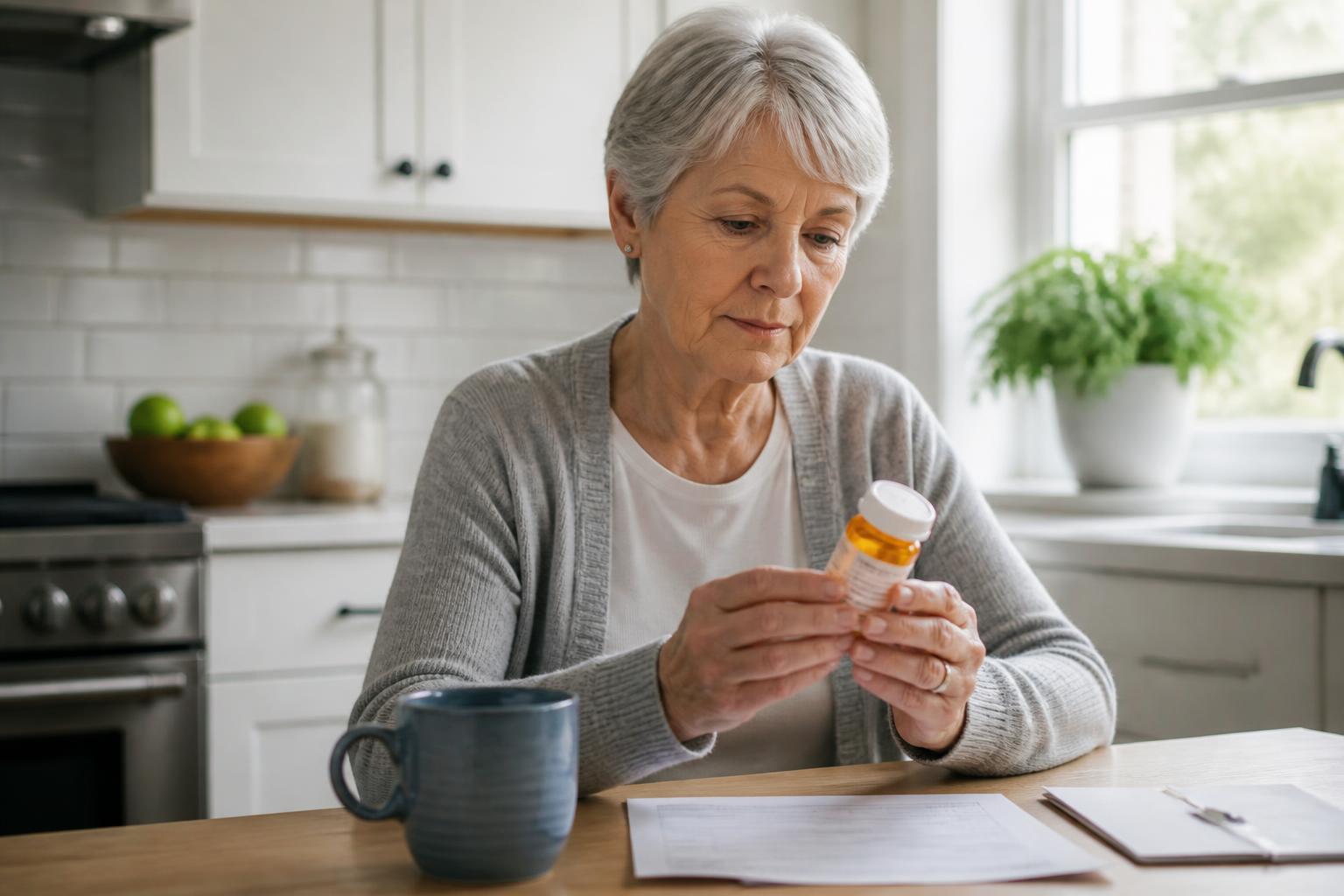 Senior woman at her kitchen table examining a prescription bottle