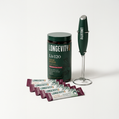 LONGEVITY8 Liv120 supplement container with packets and a milk frother on a white background