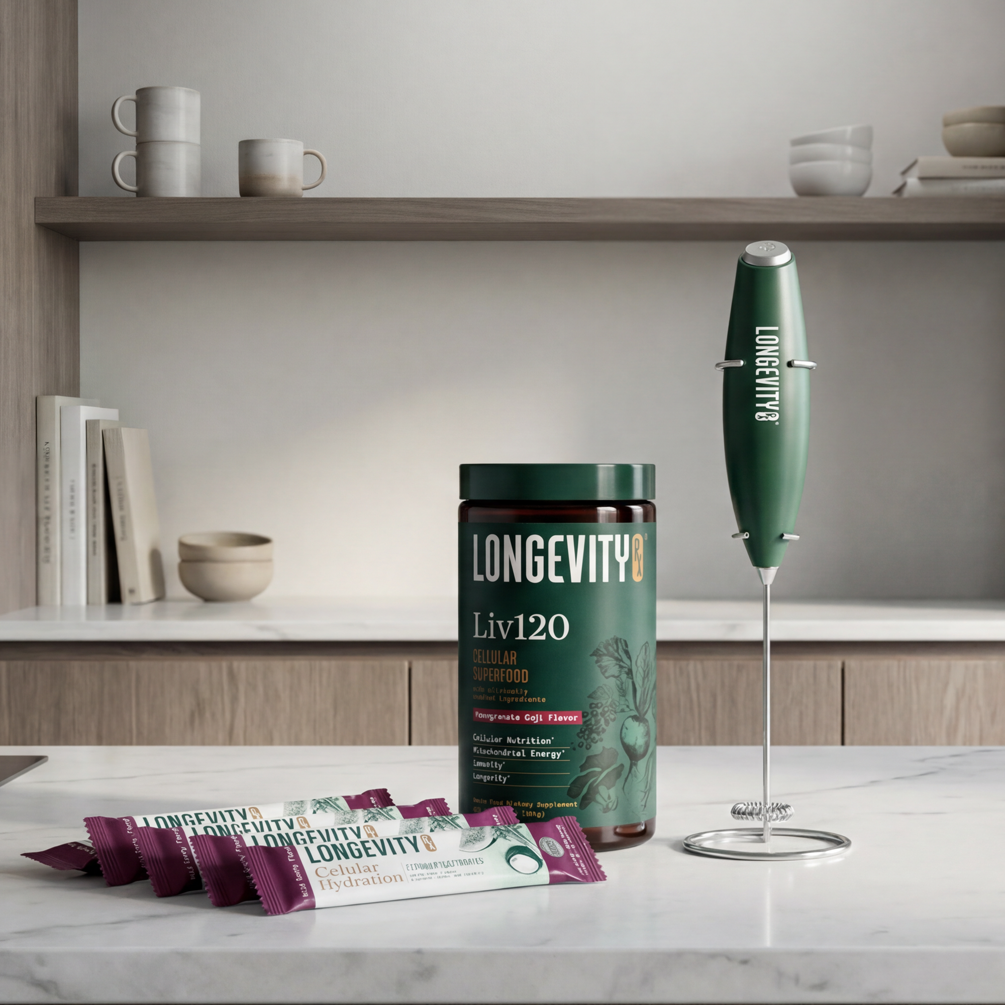Longevity Liv120 supplement bottle with a milk frother on a kitchen counter.