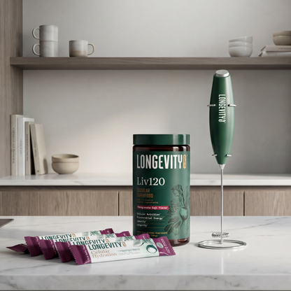 Longevity Liv120 supplement bottle with a milk frother on a kitchen counter.